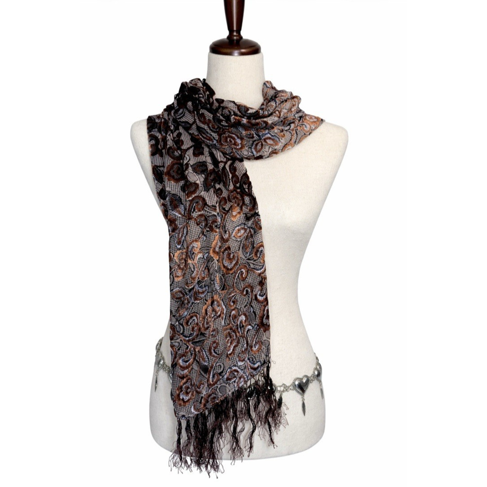 Silk Burnout Velvet Satin Floral Scarf Black Brown Fringe 20 X 68 Inch